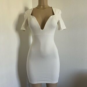 Sexy White Bodycon Mini Dress with Plunge Cutout Neckline